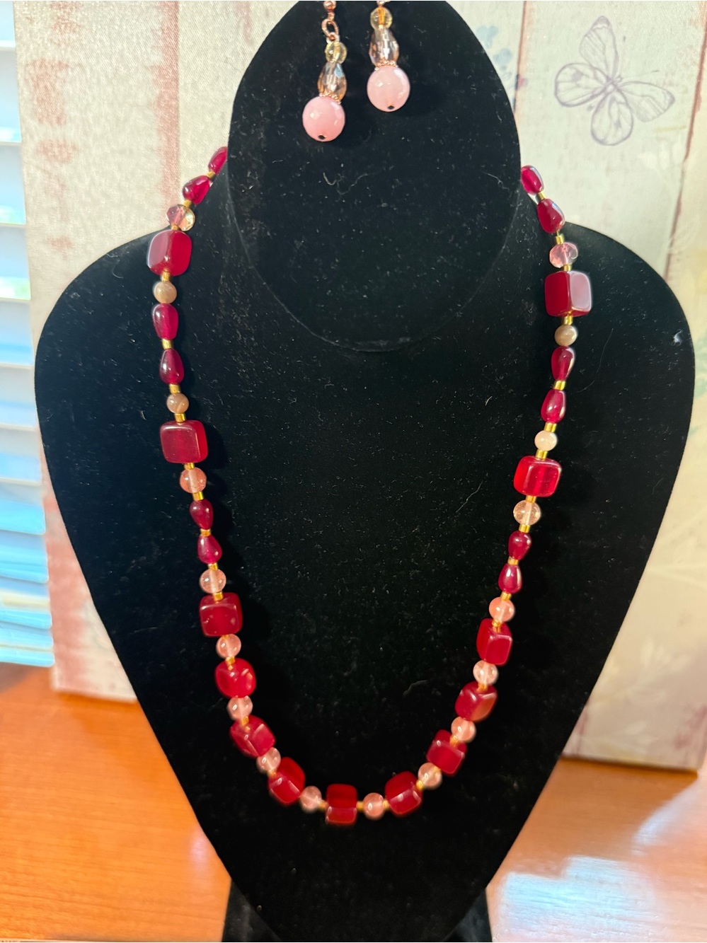 Classic Red Beaded Necklace with Matching Earrings - Women Jewelry